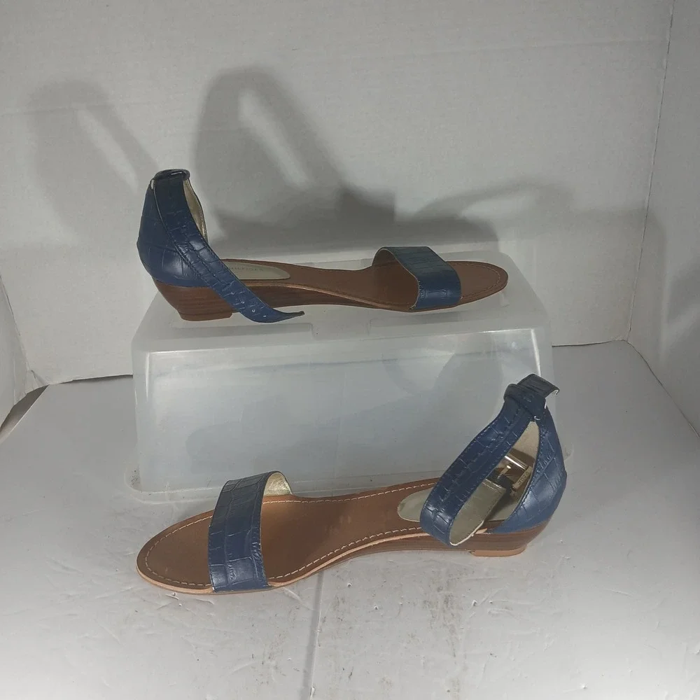 Tommy Hilfiger Wedge Sandals 9.5 Navy Blue Croc Embossed Ankle Strap TWMOLINA2-T
